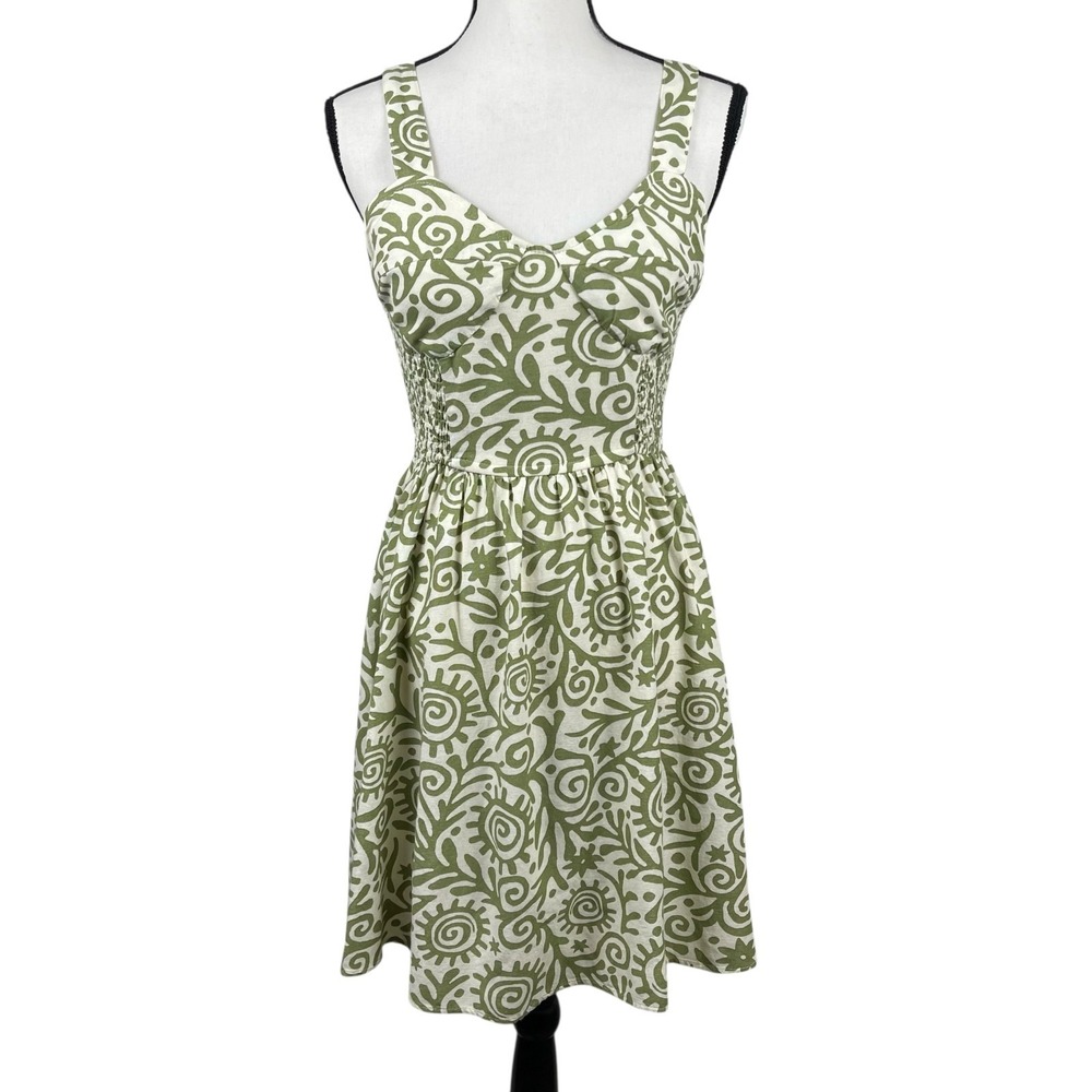 Japna Women's Mini Dress Medium Green Cream Fit & Flare Sleeveless Sundress